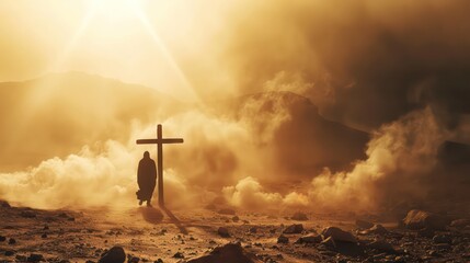 Silhouette of a man in the desert with a cross in the smoke and dust under the sun. Silhouette of a man in the desert with a cross in the smoke and dust under the sun - obrazy, fototapety, plakaty