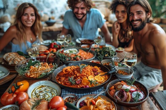 Diverse group of friends sharing a delicious and colorful array of food at an outdoor setting, symbolizing communal dining and happiness