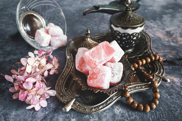 Rakum-Lukum pink. Delight. Turkish sweets and Turkish coffee. Arabic coffee and delicacies. Delicious oriental delicacies - 791133866