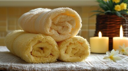 A couple of towels are sitting on a towel rack next to candles, AI