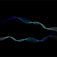 Vector curvy abstract line art wavy flowing dynamic blue, smoke black background in concept music or sound, wave, wind, information flow