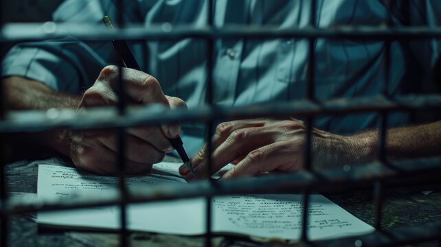 Person writing letter behind bars in dim light