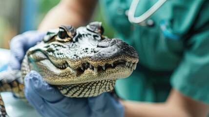 Close-up of juvenile alligator being held by person in gloves