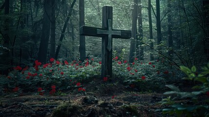 Wooden cross in the middle of the forest with red flower