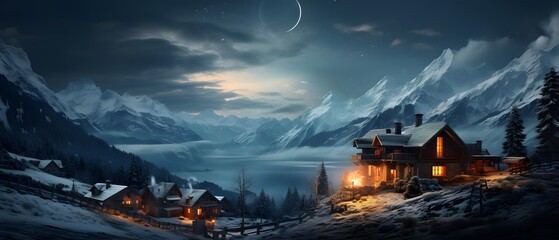 Beautiful winter panorama of mountain village in Alps at night.