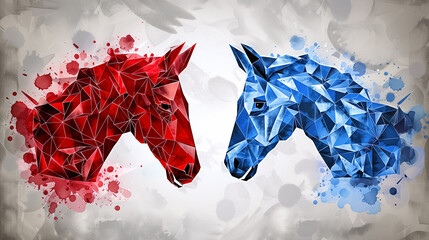 democratic and republican party. two polygonal horse heads, one red and one blue, butting heads in a symbolism of rivalry and confrontation. Political Stallions