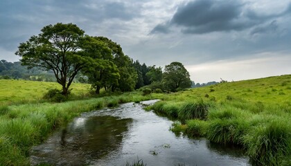 Fototapeta na wymiar A serene stream flows through lush grassland with trees under a cloudy sky