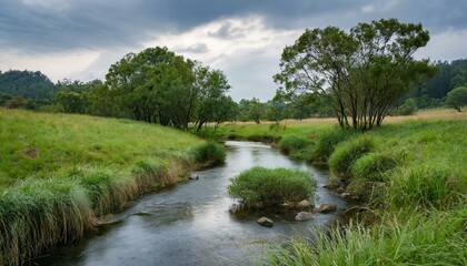 A serene stream flows through lush grassland with trees under a cloudy sky