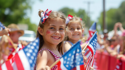 Children in patriotic outfits waving American flags during a local Fourth of July celebration, showcasing youthful enthusiasm for the holiday. , natural light, soft shadows, with c