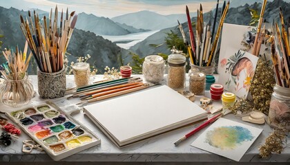 An artist's workspace is captured, showcasing a sketchbook with detailed drawings alongside . - Powered by Adobe