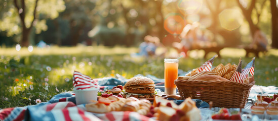 Friends and families set up for a picnic in a park, complete with traditional American foods and Fourth of July decorations. , natural light, soft shadows, with copy space, blurred - obrazy, fototapety, plakaty