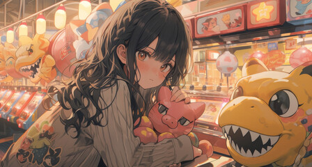 Cute girl playing and winning a toy from a claw machine in Japan - obrazy, fototapety, plakaty