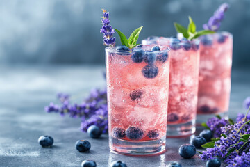 Glass of Sparkling Blueberry-Lavender Drink, Concept of Healthy Soft Drink with Natural Ingredients