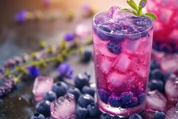 Glass of Sparkling Blueberry-Lavender Drink, Concept of Healthy Soft Drink with Natural Ingredients