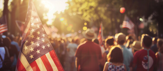 A community celebrating the Fourth of July with an American flag leading the parade, symbolizing national unity and pride. , natural light, soft shadows, with copy space, blurred b