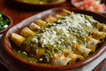 Plate of Enchiladas Verdes Covered with Green Salsa, Cheese and Cilantro, Mexican Food Concept