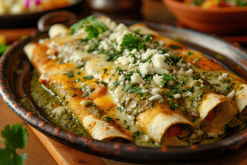 Plate of Enchiladas Verdes Covered with Green Salsa, Cheese and Cilantro, Mexican Food Concept