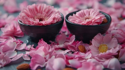   Two black bowls hold pink blooms atop a blue tablecloth, brimming with pink peonies beneath
