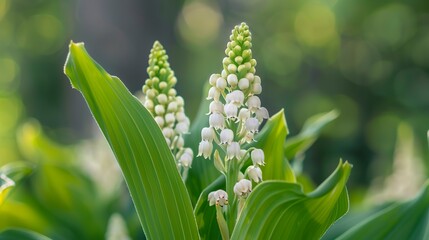 Fototapeta premium A close-up of a delicate muguet bud reveals the beauty and simplicity of this enchanting flower. Muguet bud's small, delicate petals curve gently around the center of the bud.