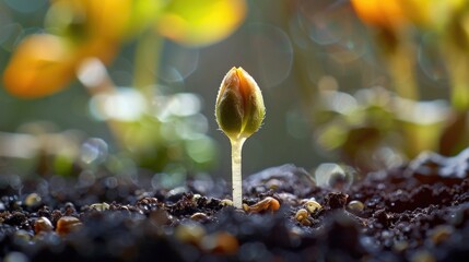 Macro View of Emerging Cotyledon Seed Sprouting from Soil Signifying New Life and Potential in the Natural Environment - obrazy, fototapety, plakaty