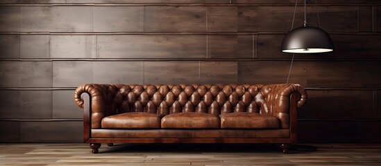 Brown leather couch in dimly lit room