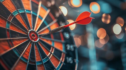 Illustration of a dartboard with a red arrow striking the target center, symbolizing the concept of target marketing and business success - obrazy, fototapety, plakaty