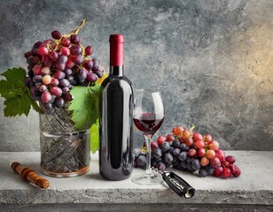 botella de vino , copas y uvas (ilustración 1)
