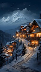 Panoramic view of alpine village in winter at night, Switzerland