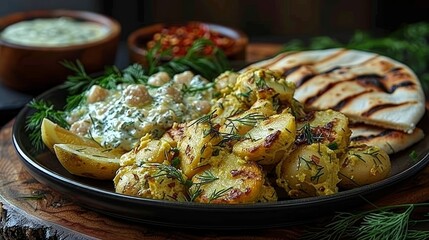  pita bread and various dishes on it, accompanied by a bowl of dip nearby