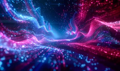 Naklejka premium 3d digital space with abstract cyber tunnel, vibrant neon lights, and floating particles