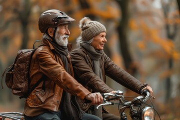 Fototapeta premium Elderly couple enjoying an active lifestyle with a bike ride through an autumn park