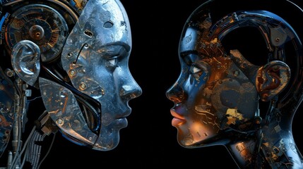 Fototapeta premium a beautiful portrait of a steampunk female robot made of metal and wires with a human face