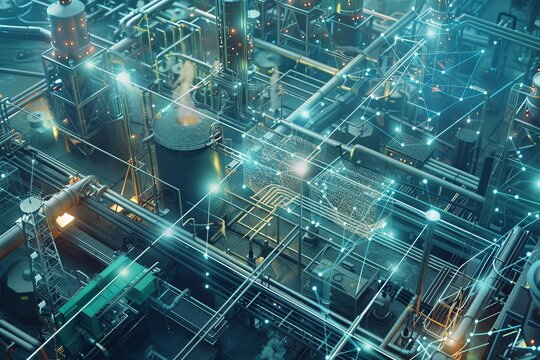 A large factory showcasing a network of interconnected industrial pipes and tanks. Generative AI