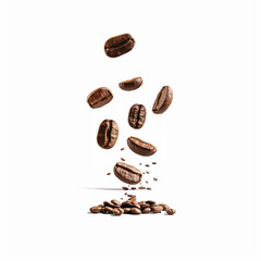 Brown roasted coffee beans falling and flying on black background.Represent breakfast for energy...