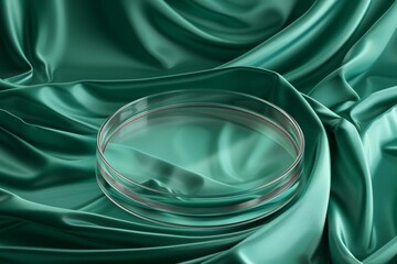 Round transparent glass platform podium on emerald green wave silk satin fabric background. Blank green cylinder form mock up background for beauty cosmetic product presentation. Front view