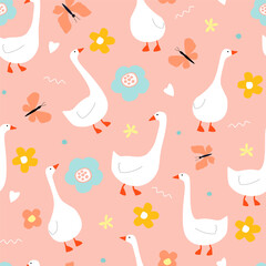 Seamless pattern with silhouettes of geese. Waterfowl against a background of flowers, butterflies, summer mood. Vector graphics.