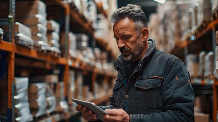 Man in his forties uses a tablet to manage warehouse inventory for accounting and bookkeeping. Concept Inventory management, Accounting software, Bookkeeping tools, Warehouse organization - obrazy, fototapety, plakaty