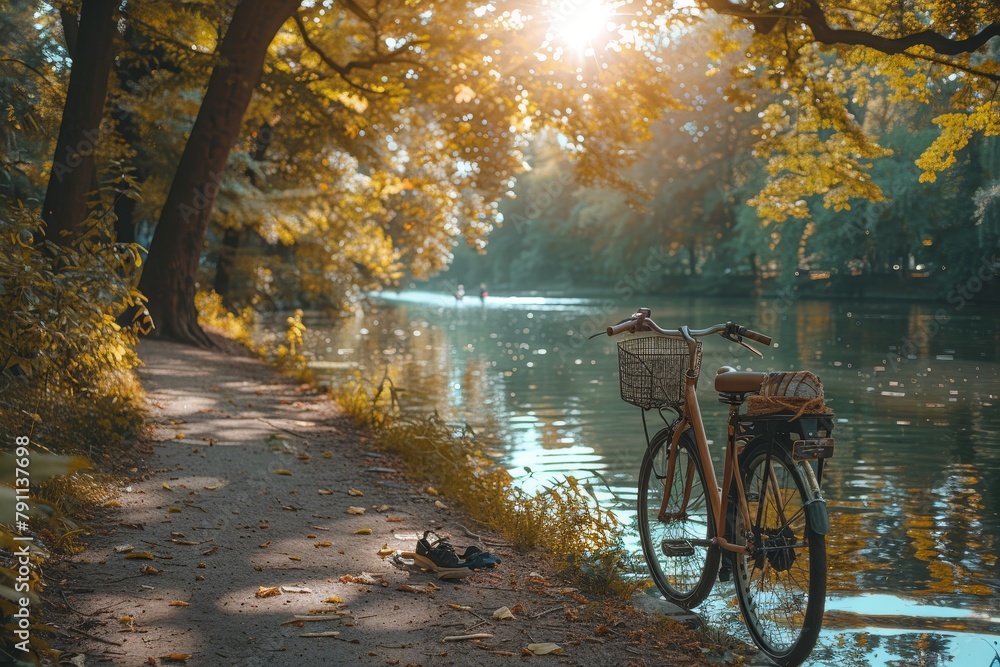 Aufkleber a serene setting captures a bicycle with a basket leaning against a tree by a river, illuminated by 