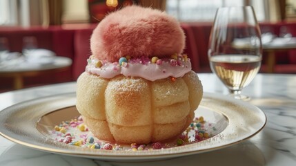   A white plate holds a donut, its surface adorned with colorful sprinkles A pink pom pom rests atop it - obrazy, fototapety, plakaty