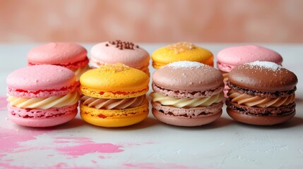 Obraz premium A cluster of macaroons aligned on a pink-white tablecloth, embellished with pink and yellow sprinkles