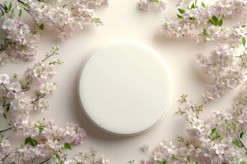 Round podium platform stand for product presentation and spring flowering tree branch with white blossom flowers on pastel background. Top view