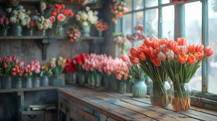   A vase with several tulips sits on a window sill, surrounded by more tulips