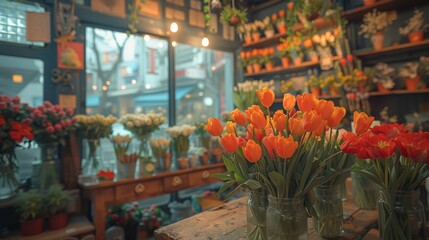   A table holds several vases filled with orange flowers, located in front of a flower shop boasting a sizable window - obrazy, fototapety, plakaty