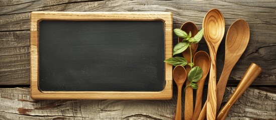 Blackboard placed on a wooden surface alongside serving spoons. - obrazy, fototapety, plakaty