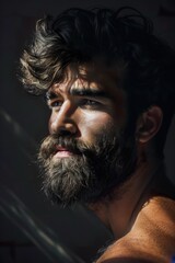 Obraz premium Portrait of serious beard man in low key light side view