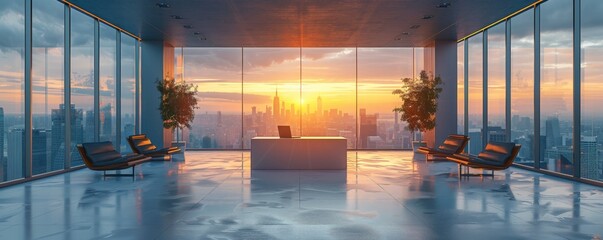 Luxurious modern office space with panoramic city skyline view at sunrise