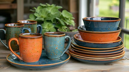   A stack of coffee cups and saucers atop a wooden table, nearby rests a potted plant
