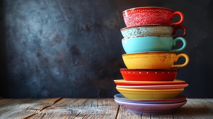   A stack of colorful cups arranged on a wooden table, with a black wall as their backdrop - obrazy, fototapety, plakaty