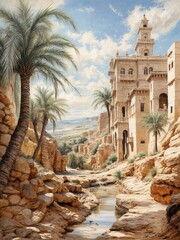 A painting depicting a desert landscape with tall palm trees under a clear sky