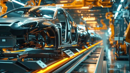 Fototapeta premium Automated industry producing cars AI generated illustration